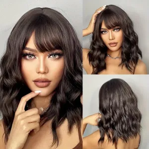 LOVENIA 14" Short Wave Hair Wig - Dark Brown Synthetic Curly Wig with Bangs for Beginners