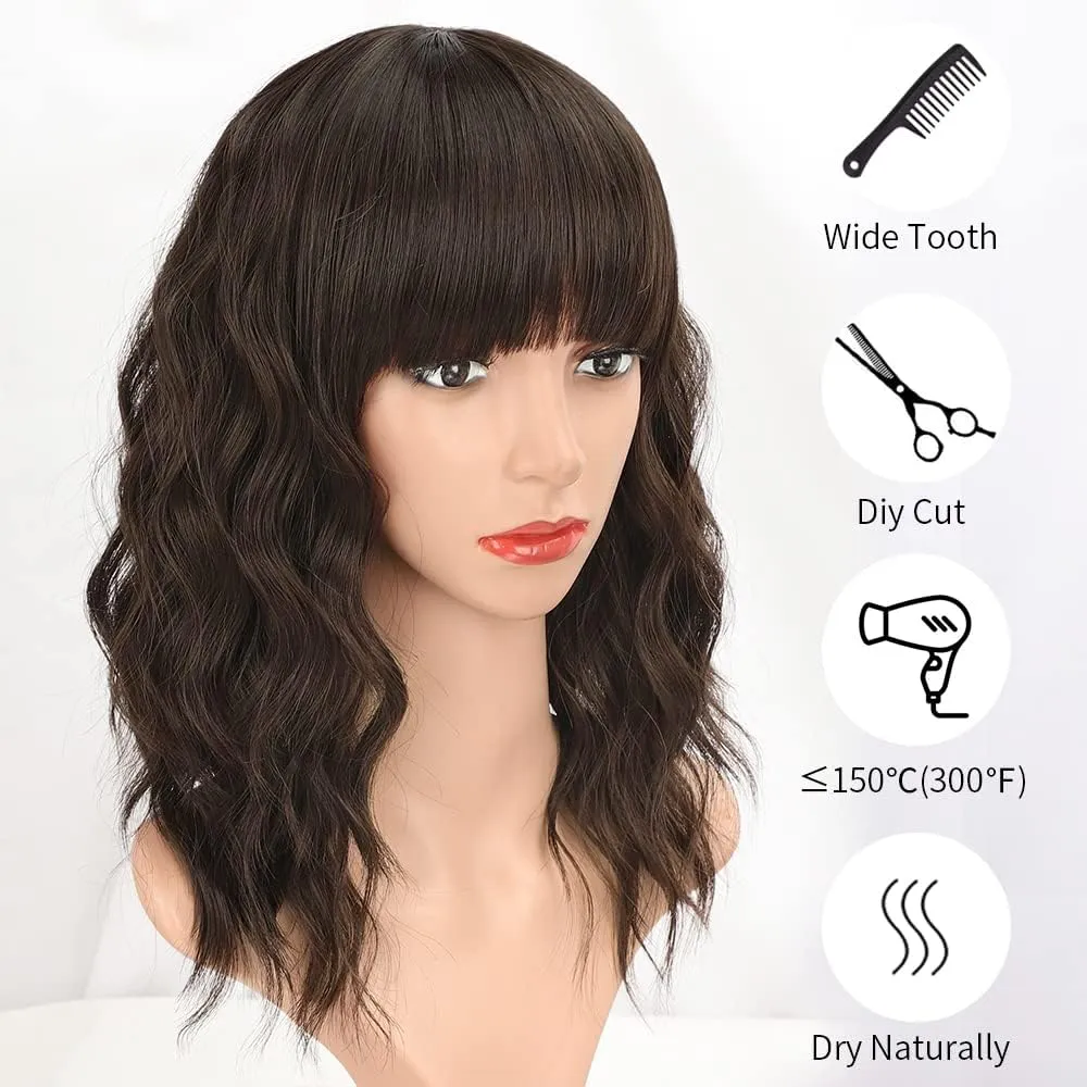 LOVENIA 14" Short Wave Hair Wig - Dark Brown Synthetic Curly Wig with Bangs for Beginners