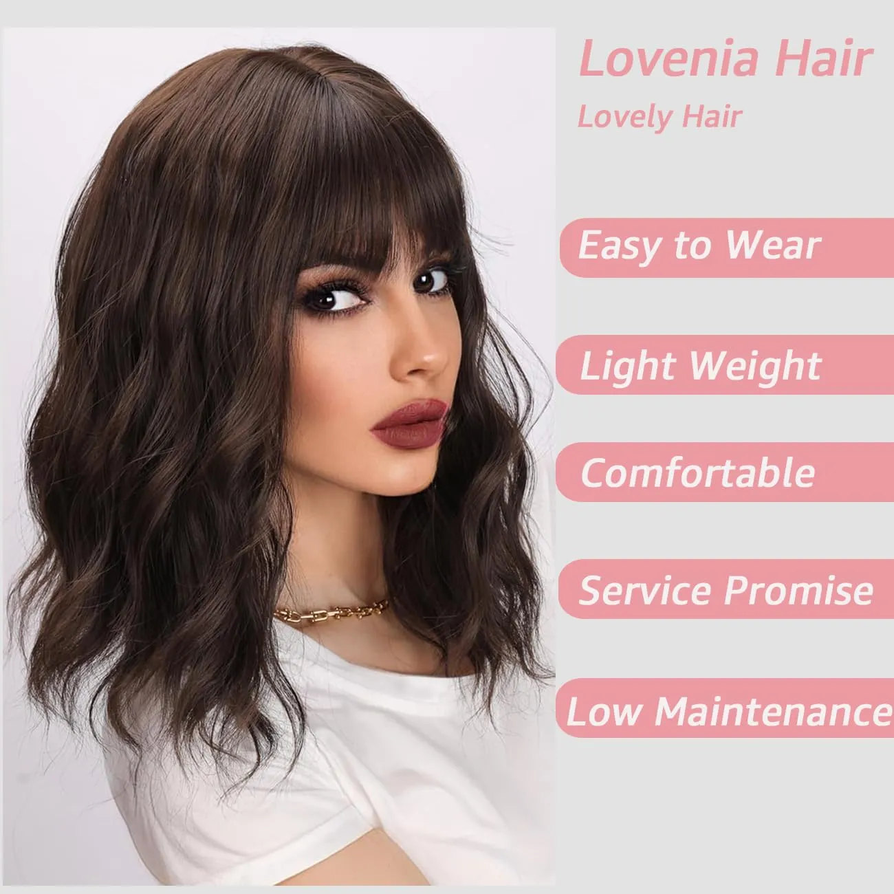 LOVENIA 14" Short Wave Hair Wig - Dark Brown Synthetic Curly Wig with Bangs for Beginners