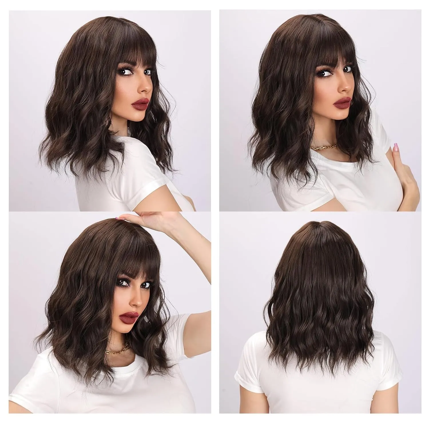 LOVENIA 14" Short Wave Hair Wig - Dark Brown Synthetic Curly Wig with Bangs for Beginners