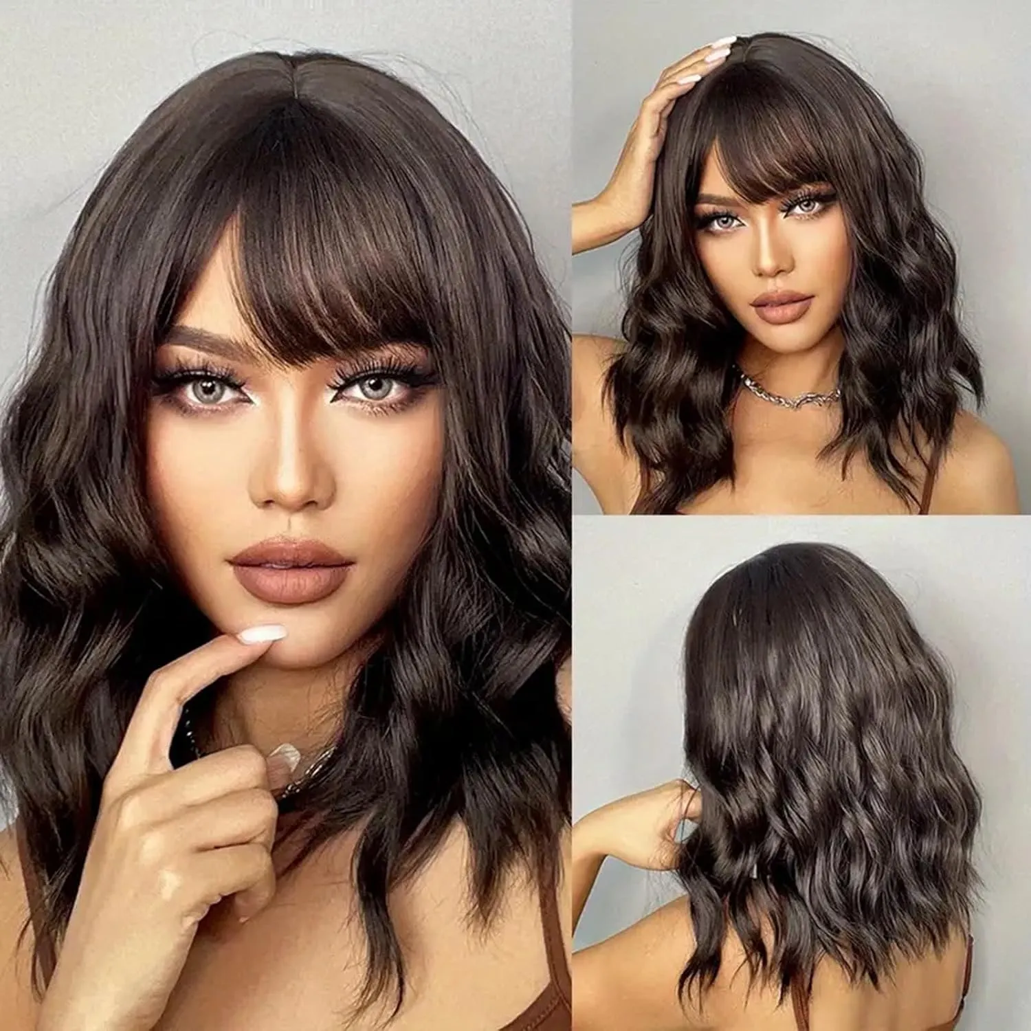 LOVENIA 14" Short Wave Hair Wig - Dark Brown Synthetic Curly Wig with Bangs for Beginners