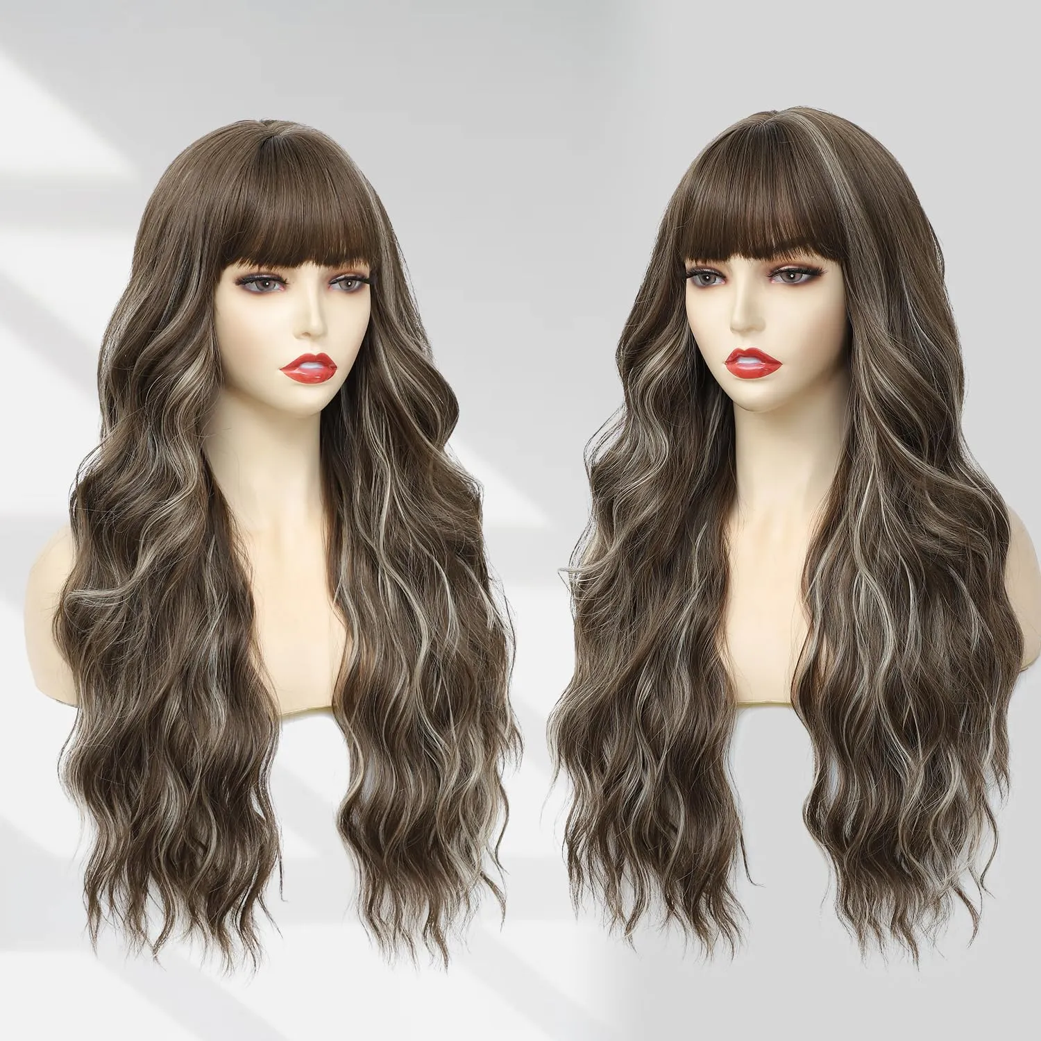 Lovenia 26" Long Brown Mixed Blonde Wig with Bangs for Women Platinum Blonde Highlight Wig Body Wave Hair Synthetic Wigs for Women Easy Wear New Hot Trend Wigs