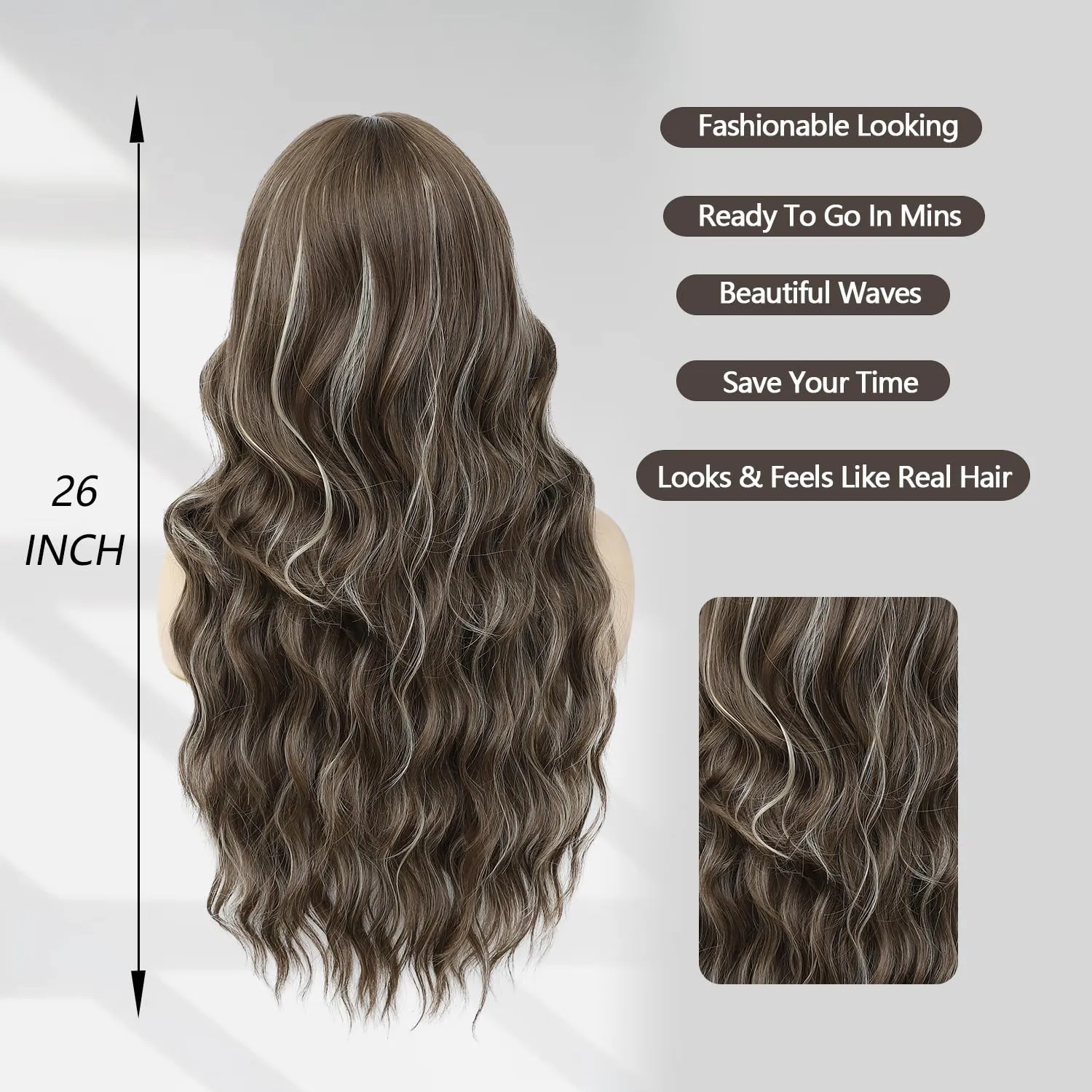 Lovenia 26" Long Brown Mixed Blonde Wig with Bangs for Women Platinum Blonde Highlight Wig Body Wave Hair Synthetic Wigs for Women Easy Wear New Hot Trend Wigs