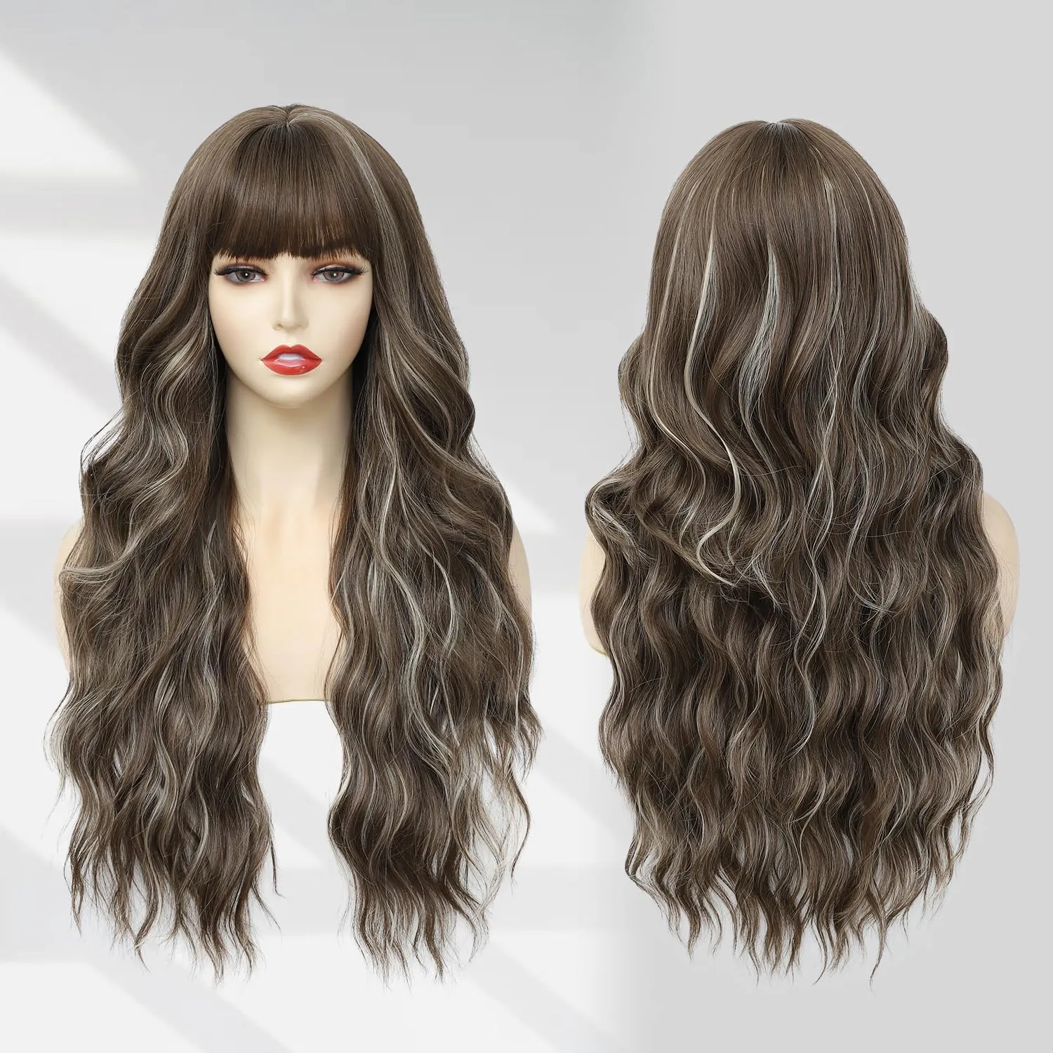Lovenia 26" Long Brown Mixed Blonde Wig with Bangs for Women Platinum Blonde Highlight Wig Body Wave Hair Synthetic Wigs for Women Easy Wear New Hot Trend Wigs