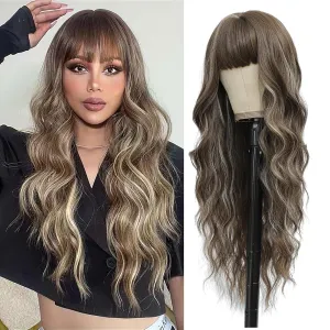 Lovenia 26" Long Brown Mixed Blonde Wig with Bangs for Women Platinum Blonde Highlight Wig Body Wave Hair Synthetic Wigs for Women Easy Wear New Hot Trend Wigs