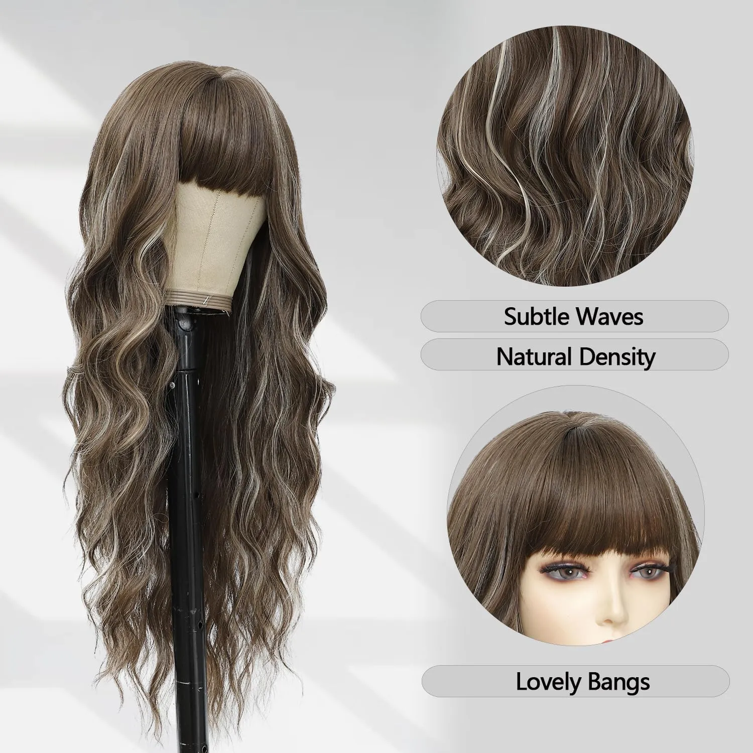 Lovenia 26" Long Brown Mixed Blonde Wig with Bangs for Women Platinum Blonde Highlight Wig Body Wave Hair Synthetic Wigs for Women Easy Wear New Hot Trend Wigs