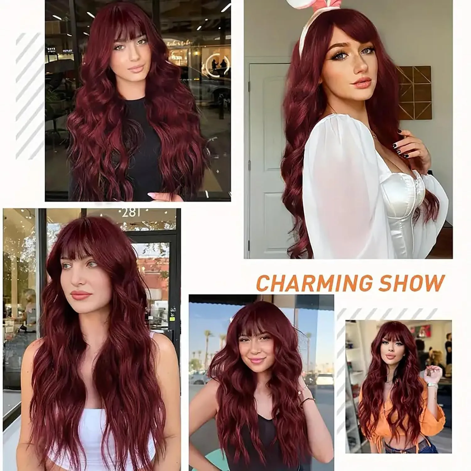 Lovenia Burgundy Wig with Bangs for Women Long Red Wine Wavy Wigs 26 Inch Dark Red Wigs Natural Looking Heat Resistant Synthetic Hair Costume Wig