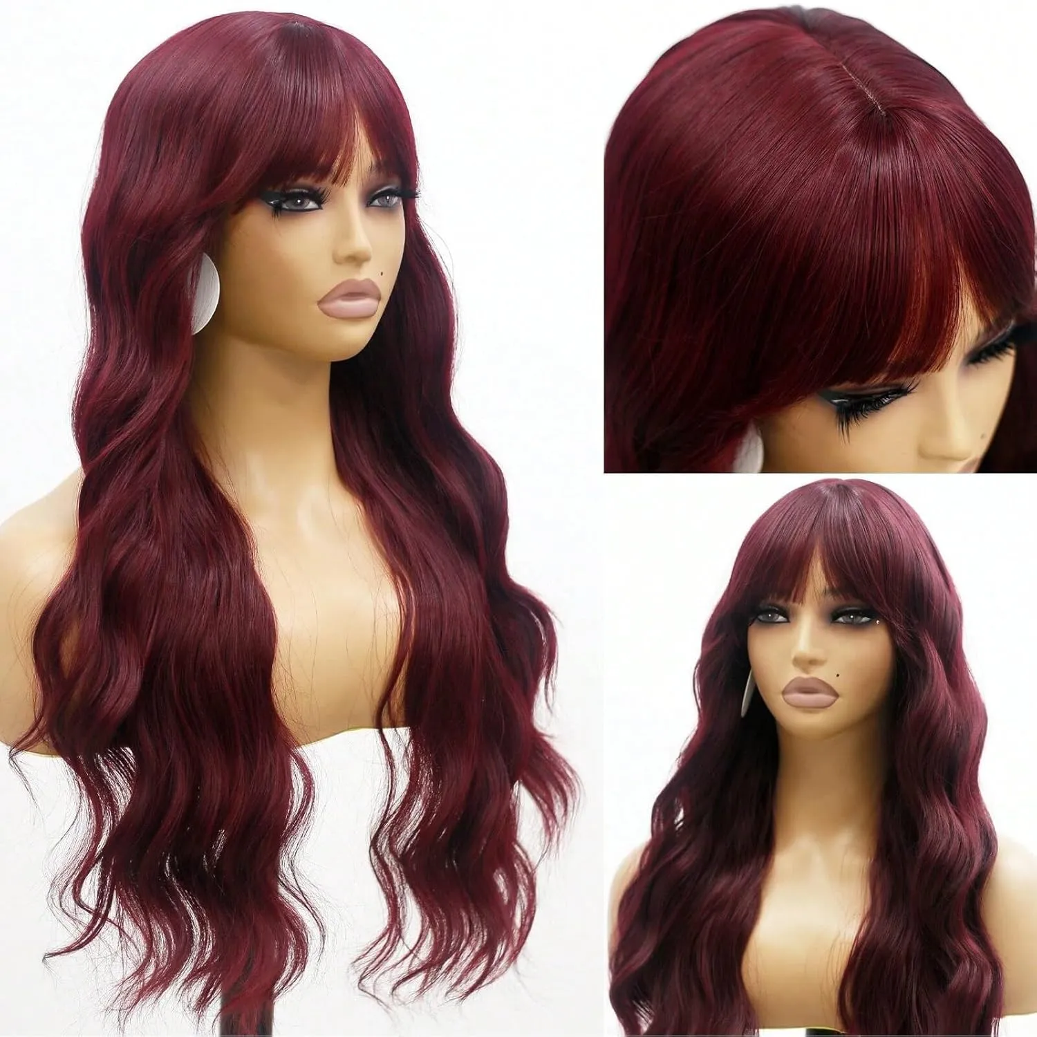 Lovenia Burgundy Wig with Bangs for Women Long Red Wine Wavy Wigs 26 Inch Dark Red Wigs Natural Looking Heat Resistant Synthetic Hair Costume Wig