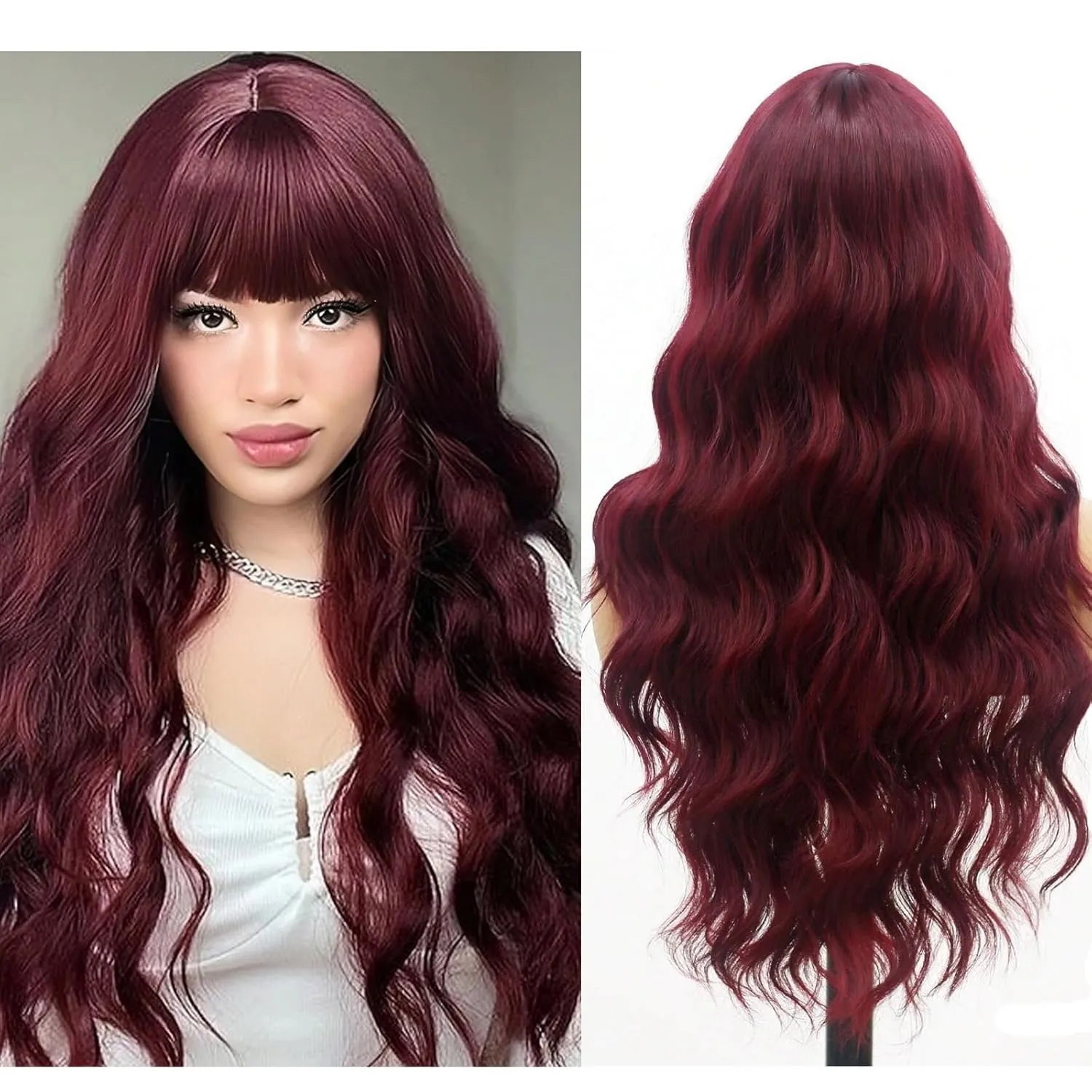 Lovenia Burgundy Wig with Bangs for Women Long Red Wine Wavy Wigs 26 Inch Dark Red Wigs Natural Looking Heat Resistant Synthetic Hair Costume Wig