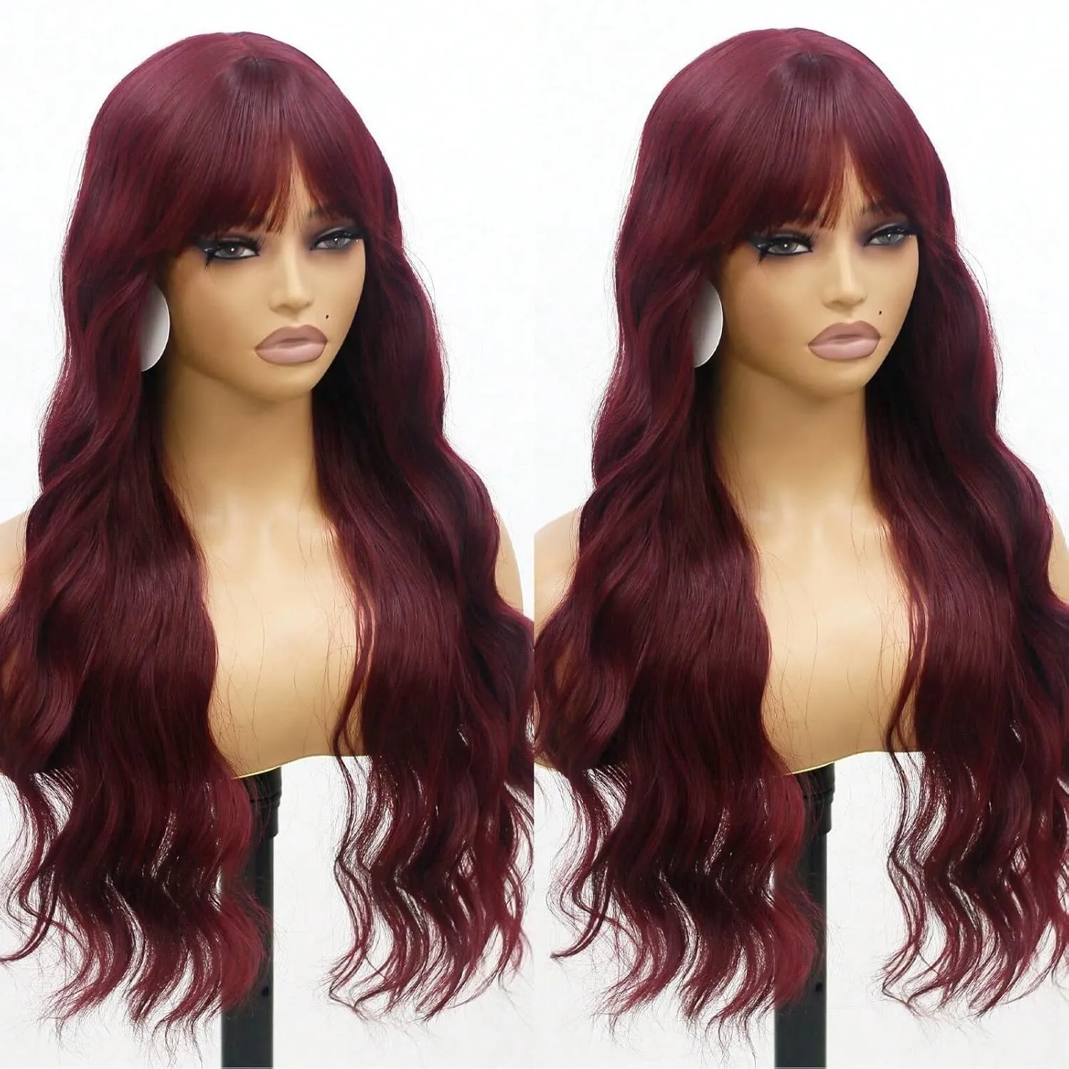 Lovenia Burgundy Wig with Bangs for Women Long Red Wine Wavy Wigs 26 Inch Dark Red Wigs Natural Looking Heat Resistant Synthetic Hair Costume Wig
