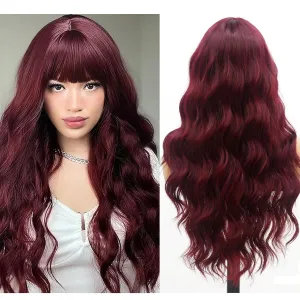 Lovenia Burgundy Wig with Bangs for Women Long Red Wine Wavy Wigs 26 Inch Dark Red Wigs Natural Looking Heat Resistant Synthetic Hair Costume Wig