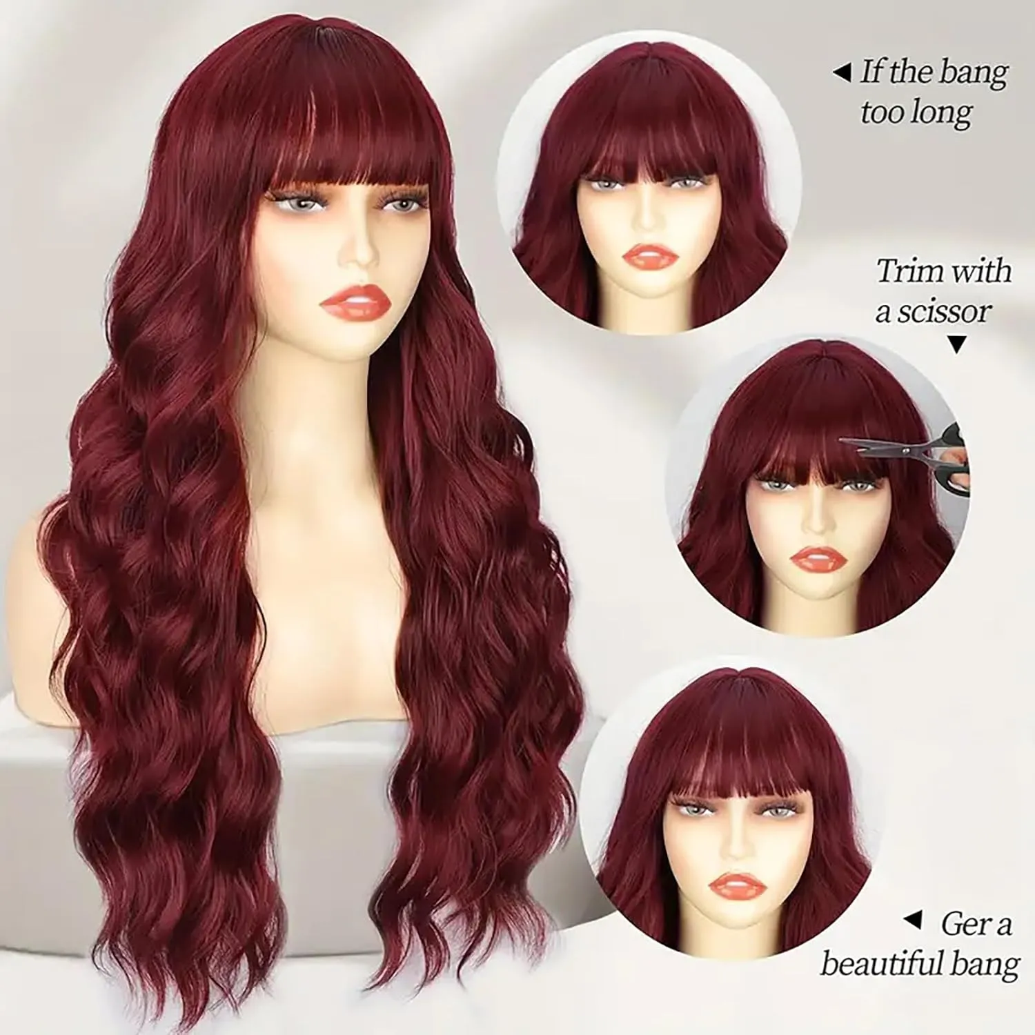 Lovenia Burgundy Wig with Bangs for Women Long Red Wine Wavy Wigs 26 Inch Dark Red Wigs Natural Looking Heat Resistant Synthetic Hair Costume Wig