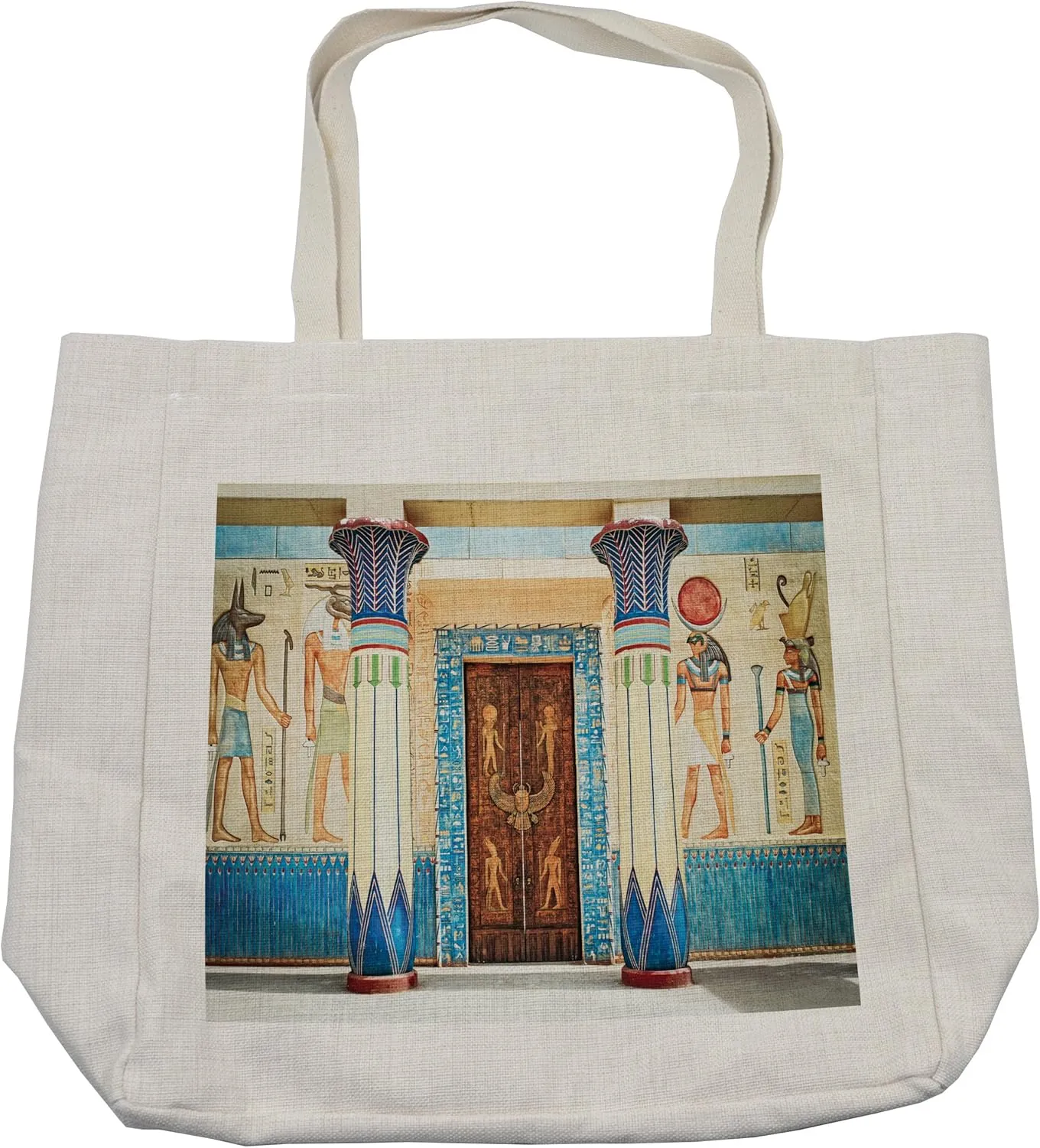 Lunarable Egyptian Print Shopping Bag, Egyptian Writing on Stone Antique Old Indigenous Civilization, Eco-Friendly Reusable Bag for Groceries Beach and More, 15.5" X 14.5", Cream