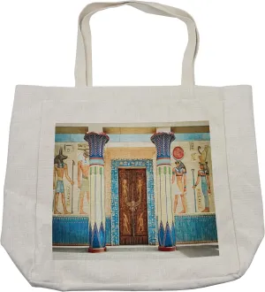 Lunarable Egyptian Print Shopping Bag, Egyptian Writing on Stone Antique Old Indigenous Civilization, Eco-Friendly Reusable Bag for Groceries Beach and More, 15.5" X 14.5", Cream
