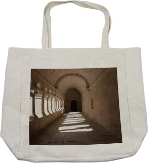 Lunarable Medieval Shopping Bag, France Provence Senanque Abbey Corridor Antique Medieval Landmark Classic Style Print, Eco-Friendly Reusable Bag for Groceries Beach and More, 15.5" X 14.5", Cream