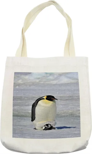 Lunarable Penguin Tote Bag, Emperor Penguin with Snow Antarctica North Pole Wildlife Nature Wildlife, Cloth Linen Reusable Bag for Shopping Books Beach and More, 16.5" X 14", Blue Grey Black