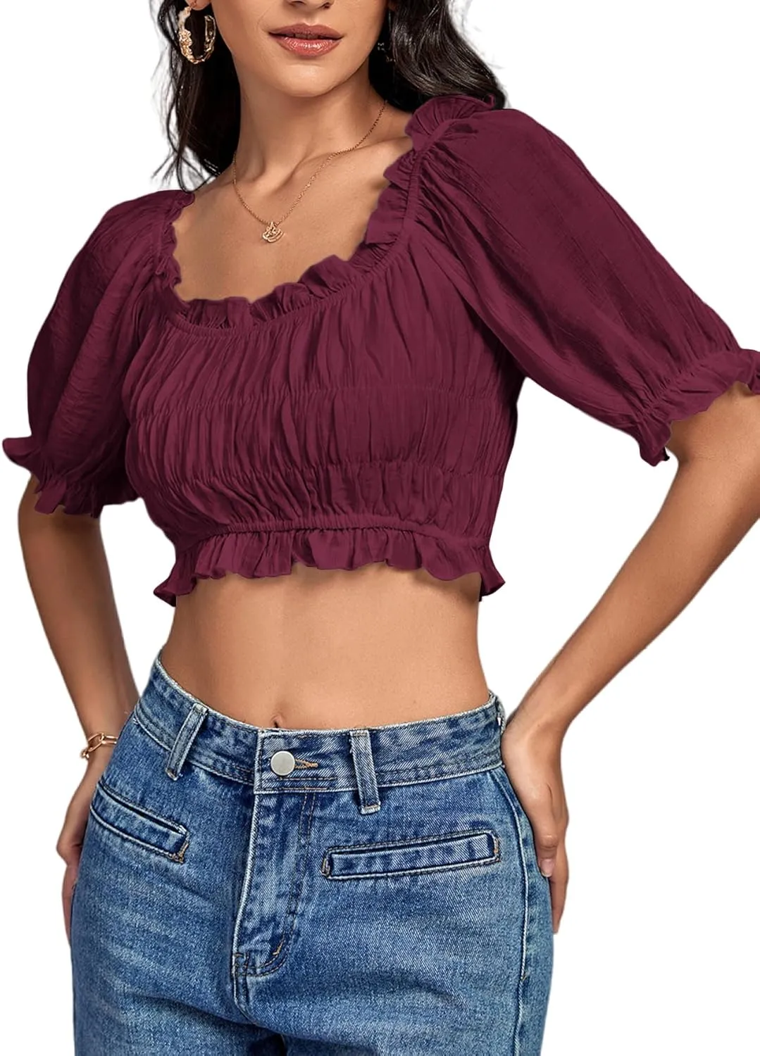LYANER Women's Off Shoulder Ruffle Trim Ruched Short Sleeve Blouse Crop Top