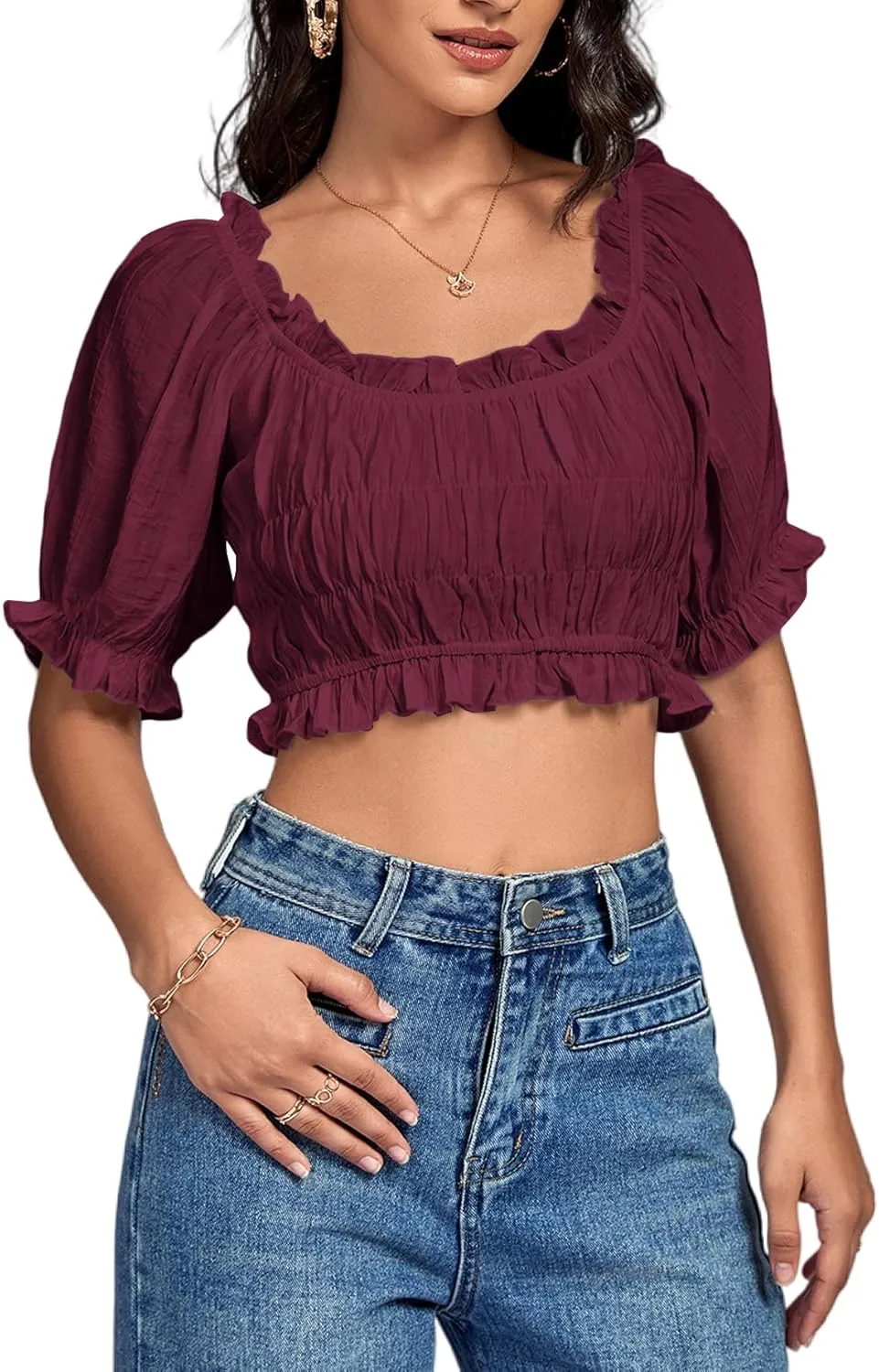 LYANER Women's Off Shoulder Ruffle Trim Ruched Short Sleeve Blouse Crop Top