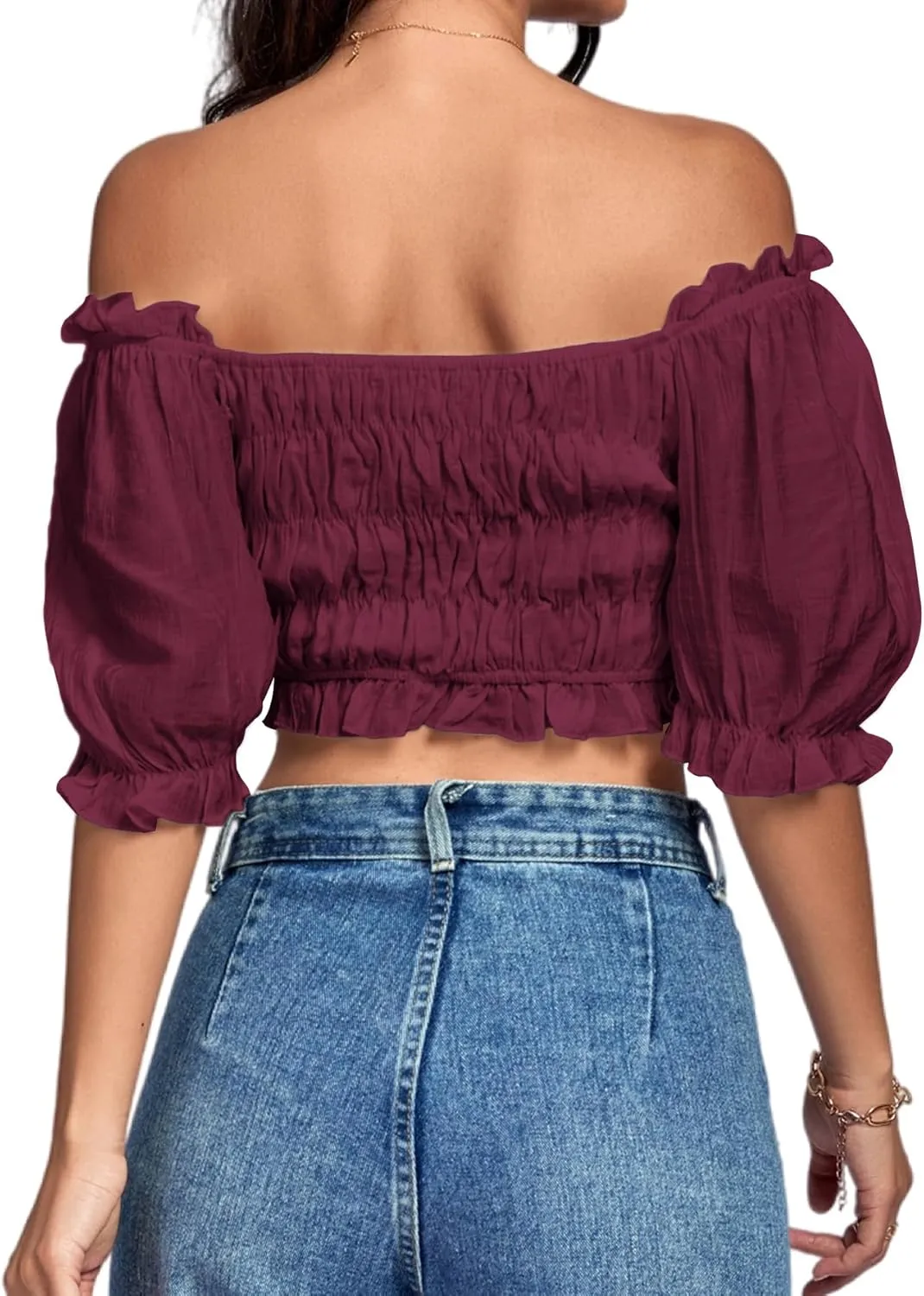 LYANER Women's Off Shoulder Ruffle Trim Ruched Short Sleeve Blouse Crop Top