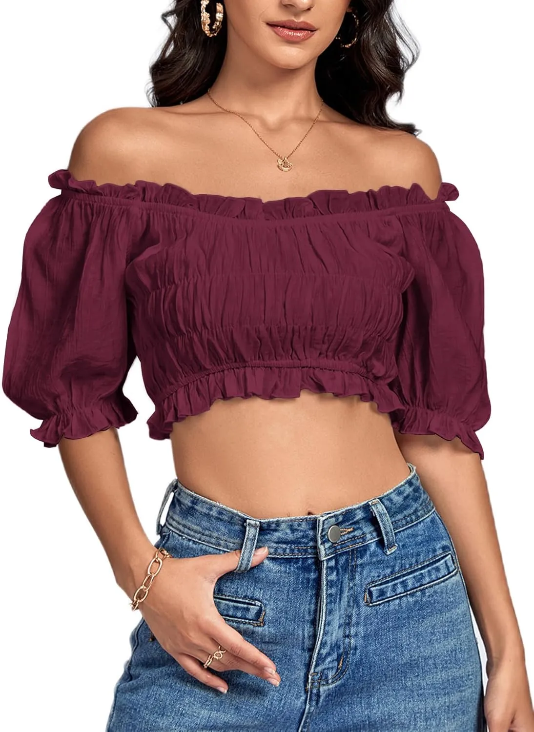 LYANER Women's Off Shoulder Ruffle Trim Ruched Short Sleeve Blouse Crop Top