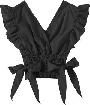LYANER Women's V Neck Ruffle Cap Sleeve Side Bow Knot Shirred Hem Blouse Crop Tank Top