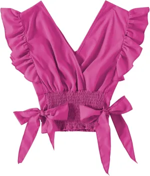 LYANER Women's V Neck Ruffle Cap Sleeve Side Bow Knot Shirred Hem Blouse Crop Tank Top