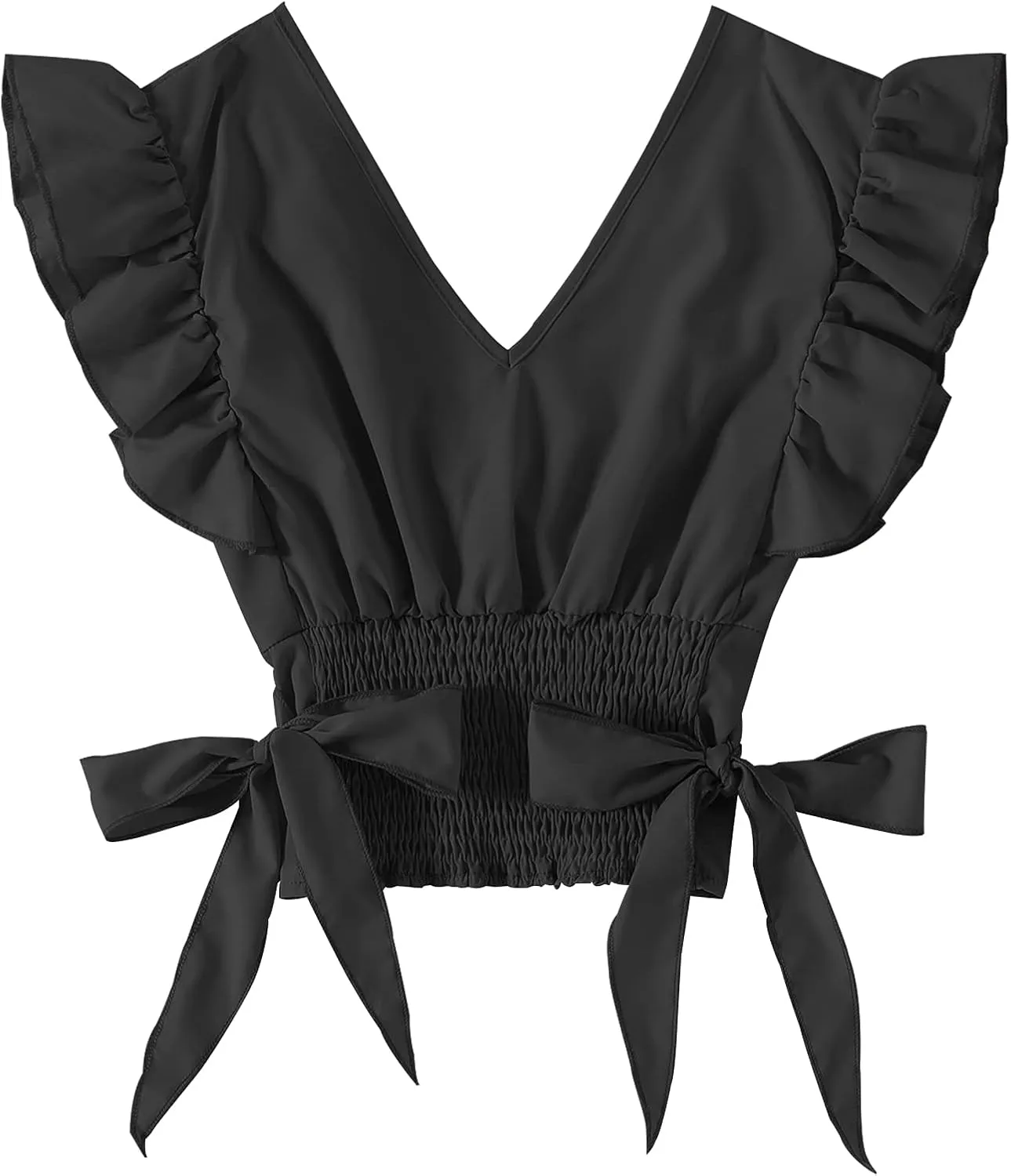 LYANER Women's V Neck Ruffle Cap Sleeve Side Bow Knot Shirred Hem Blouse Crop Tank Top