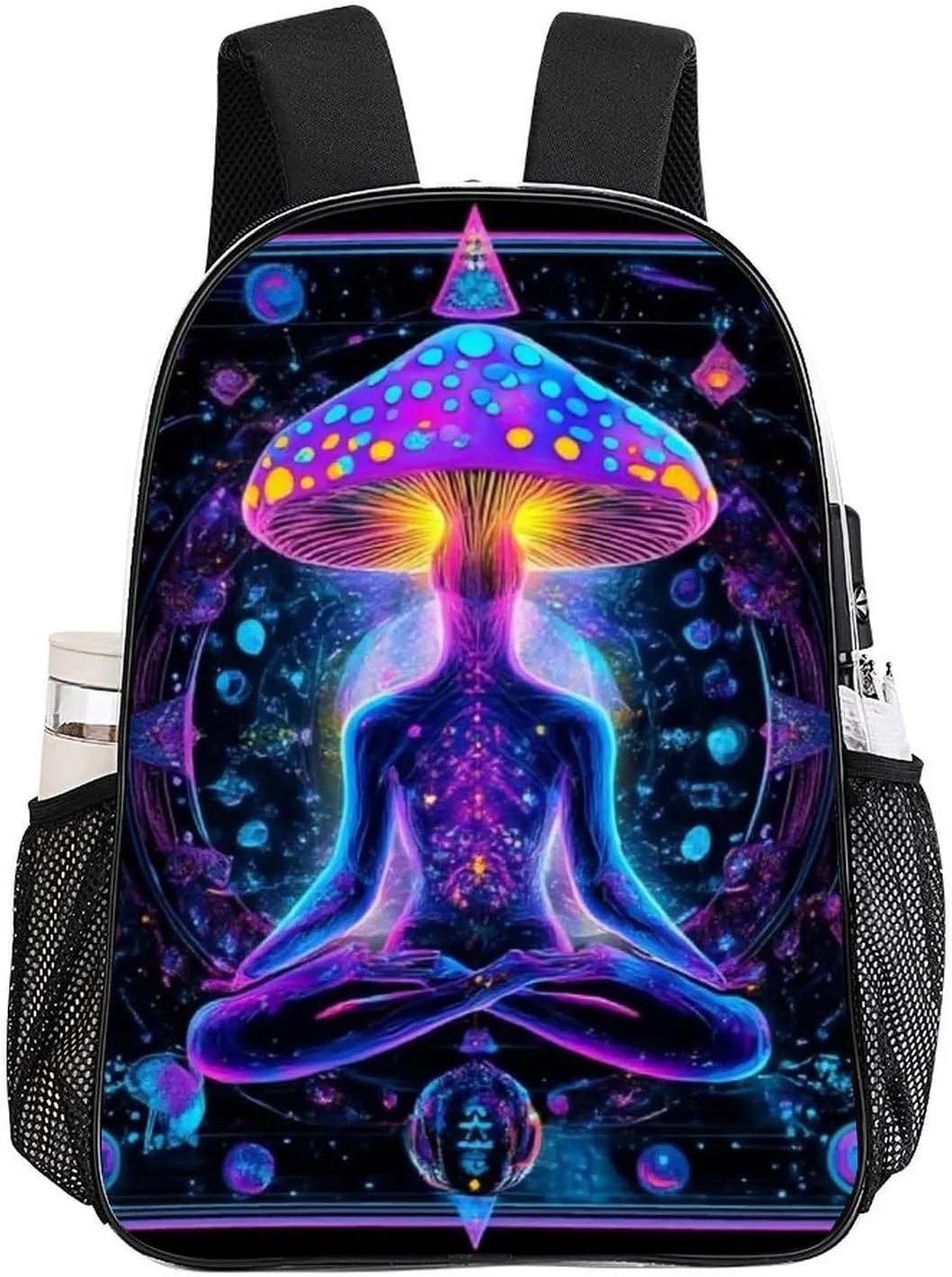 Magic Yoga Mushrooms Art Shoulder Book Bags Transparent Multipurpose Anti-Theft Carry On Bag Large Capacity Travel Hiking & Camping Rucksack