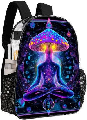 Magic Yoga Mushrooms Art Shoulder Book Bags Transparent Multipurpose Anti-Theft Carry On Bag Large Capacity Travel Hiking & Camping Rucksack