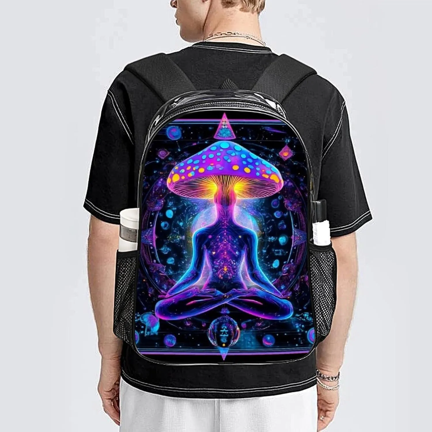Magic Yoga Mushrooms Art Shoulder Book Bags Transparent Multipurpose Anti-Theft Carry On Bag Large Capacity Travel Hiking & Camping Rucksack