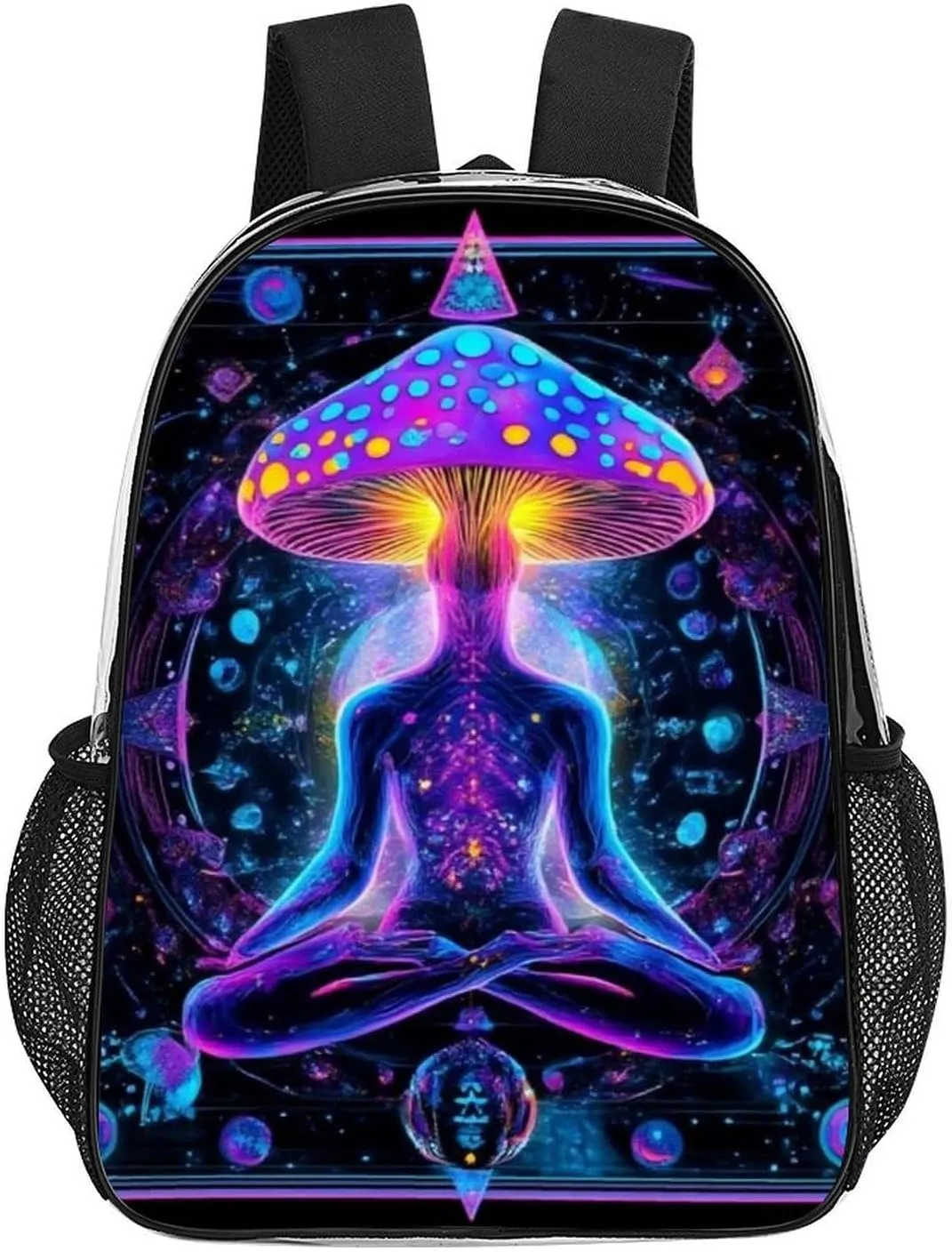 Magic Yoga Mushrooms Art Shoulder Book Bags Transparent Multipurpose Anti-Theft Carry On Bag Large Capacity Travel Hiking & Camping Rucksack