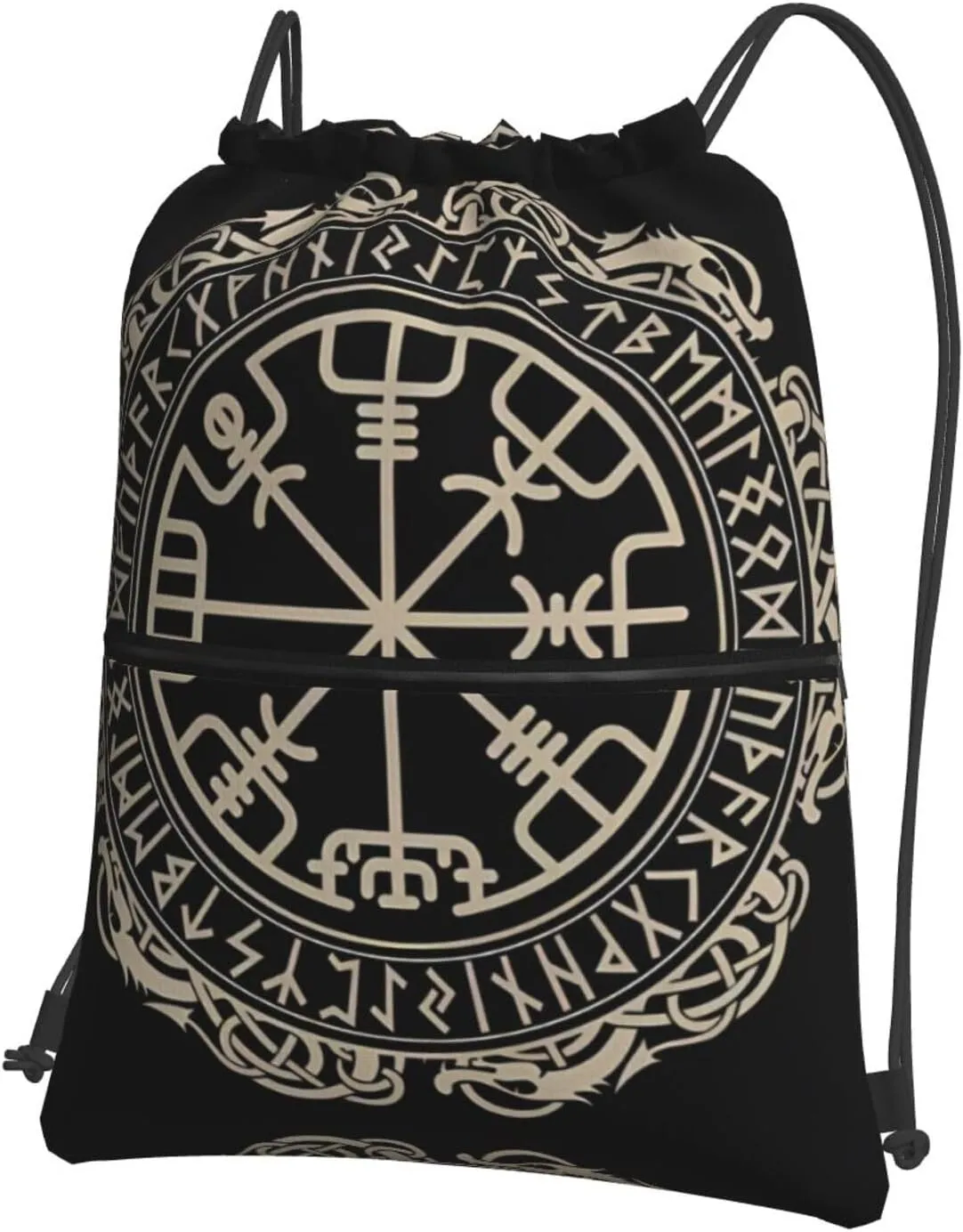 Magical Design Norse Runes Compass picture Outdoor leisure zipper drawstring backpack : Waterproof, durability, lightweight 18 x 15.3 in, Black, One Size