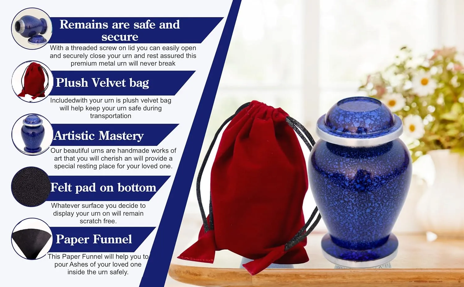 Marble Blue Small Urns for Human Ashes of Female Male | Set of 4 Aesthetic Keepsake Vials with 4 Velvet Carry Bags, A Paper Funnel and Premium Gift Box
