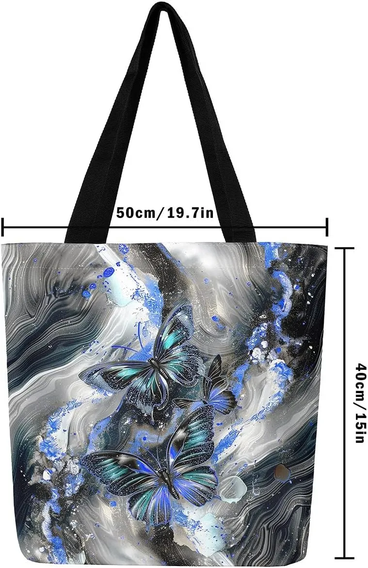 Marble Canvas Tote Bag,Butterfly Duffle Bag,Marbling Abstract Ombre Ink Fluid Art Handbag