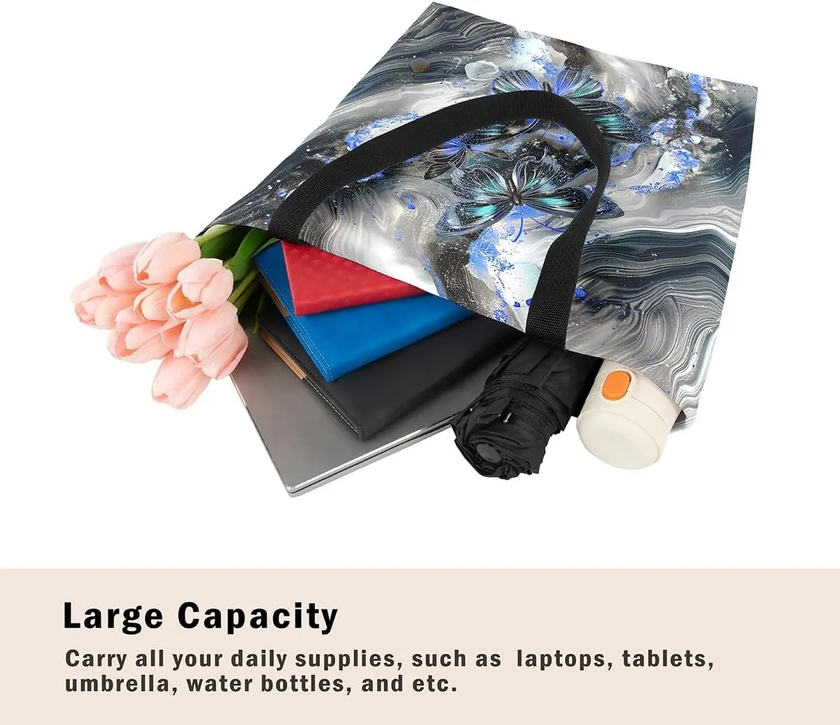 Marble Canvas Tote Bag,Butterfly Duffle Bag,Marbling Abstract Ombre Ink Fluid Art Handbag