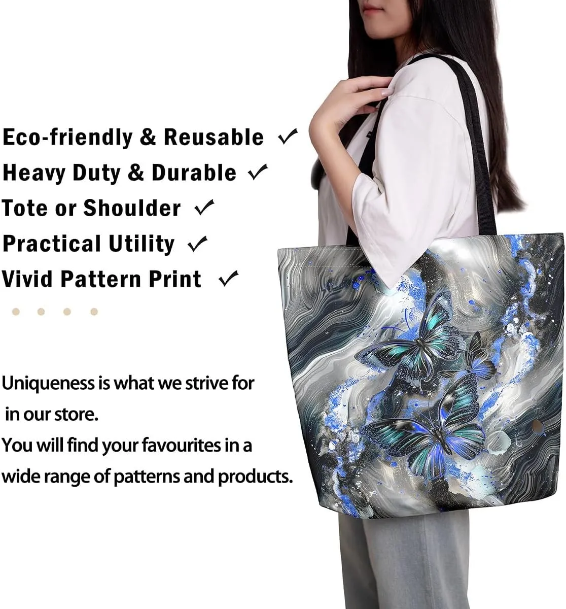 Marble Canvas Tote Bag,Butterfly Duffle Bag,Marbling Abstract Ombre Ink Fluid Art Handbag
