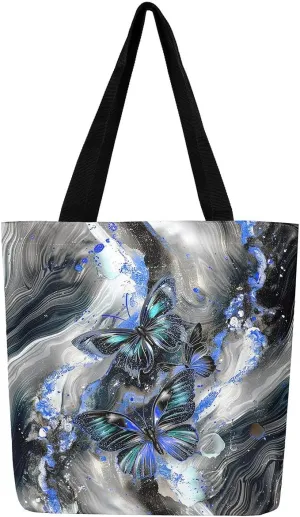 Marble Canvas Tote Bag,Butterfly Duffle Bag,Marbling Abstract Ombre Ink Fluid Art Handbag