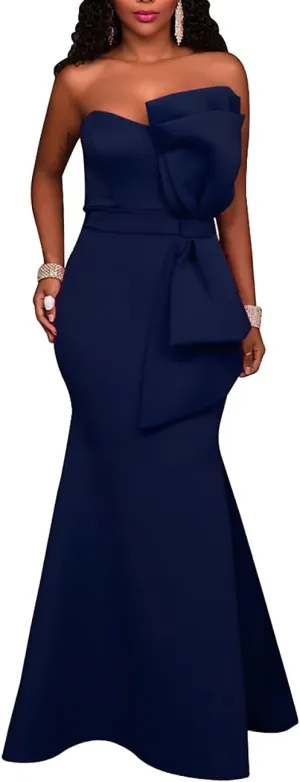 MAYFASEY Women's Sexy Off The Shoulder Oversized Bow Applique Evening Gown Party Long Maxi Dress