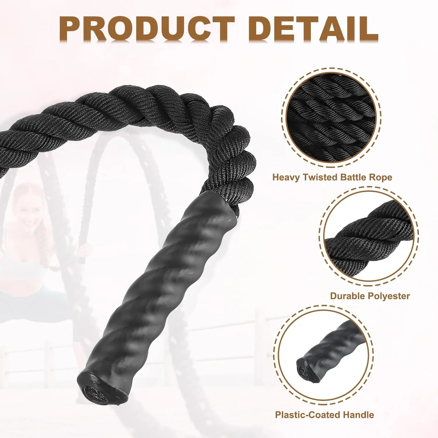 MECCANIXITY Battle Rope 40ft x 1.5 Inch Polyester Workout Rope Heavy Fitness Exercise Rope for Strength Training Home Gym Muscle Building, Black