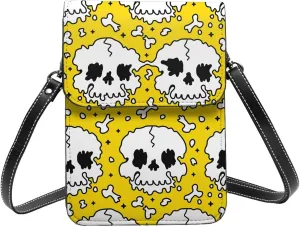 Melting deformed skull psychedelic yellow Crossbody Cell Phone Purse for Women Girls Leather Mini Cross Body Bags Small Shoulder Bags