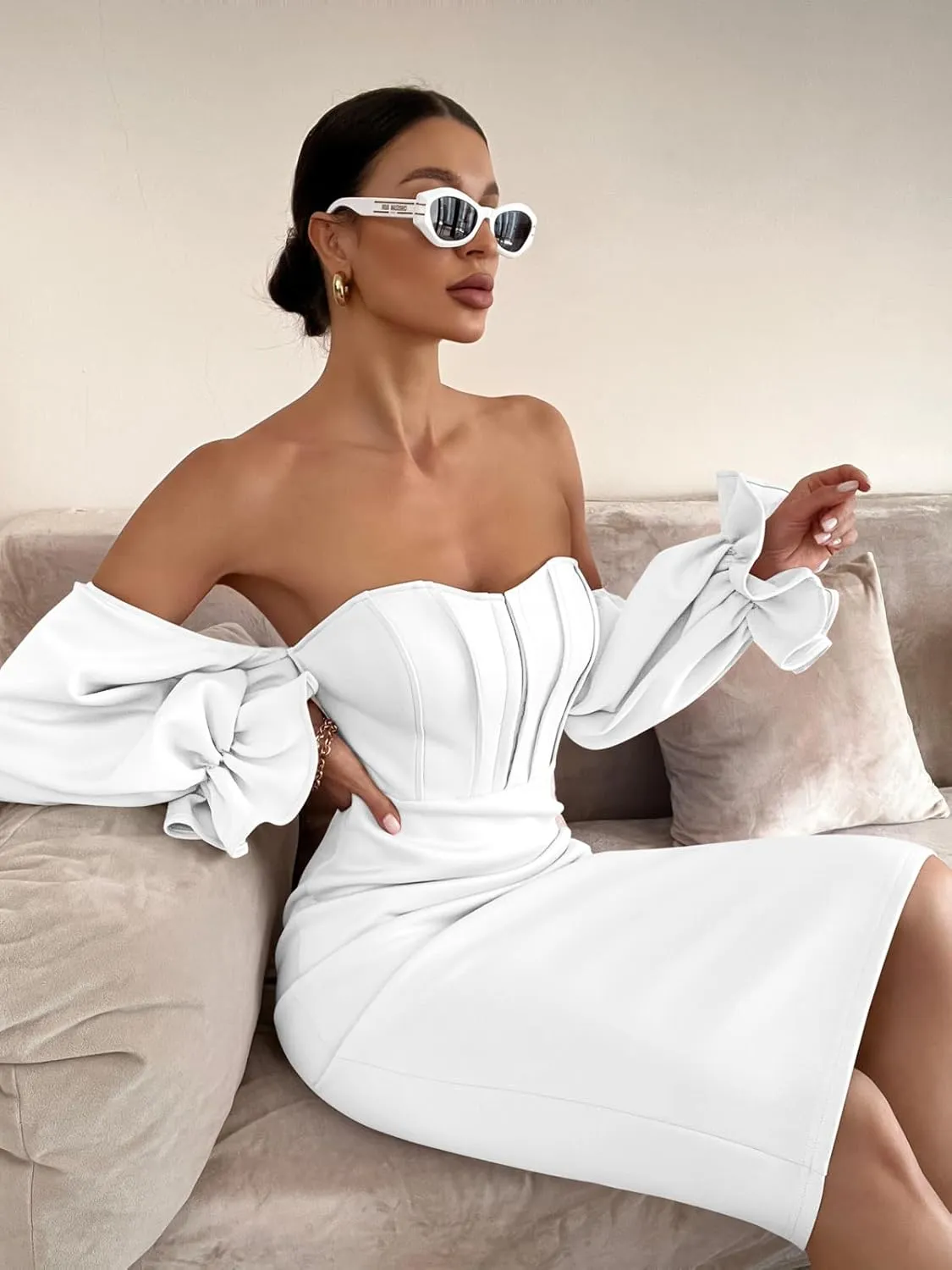 Memoriesea Women's Sexy Off Shoulder Bodycon Lantern Sleeve Front Hook Midi Party Dress