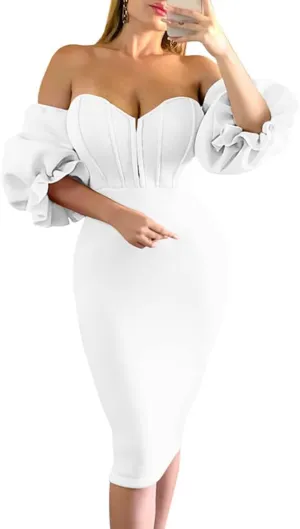 Memoriesea Women's Sexy Off Shoulder Bodycon Lantern Sleeve Front Hook Midi Party Dress