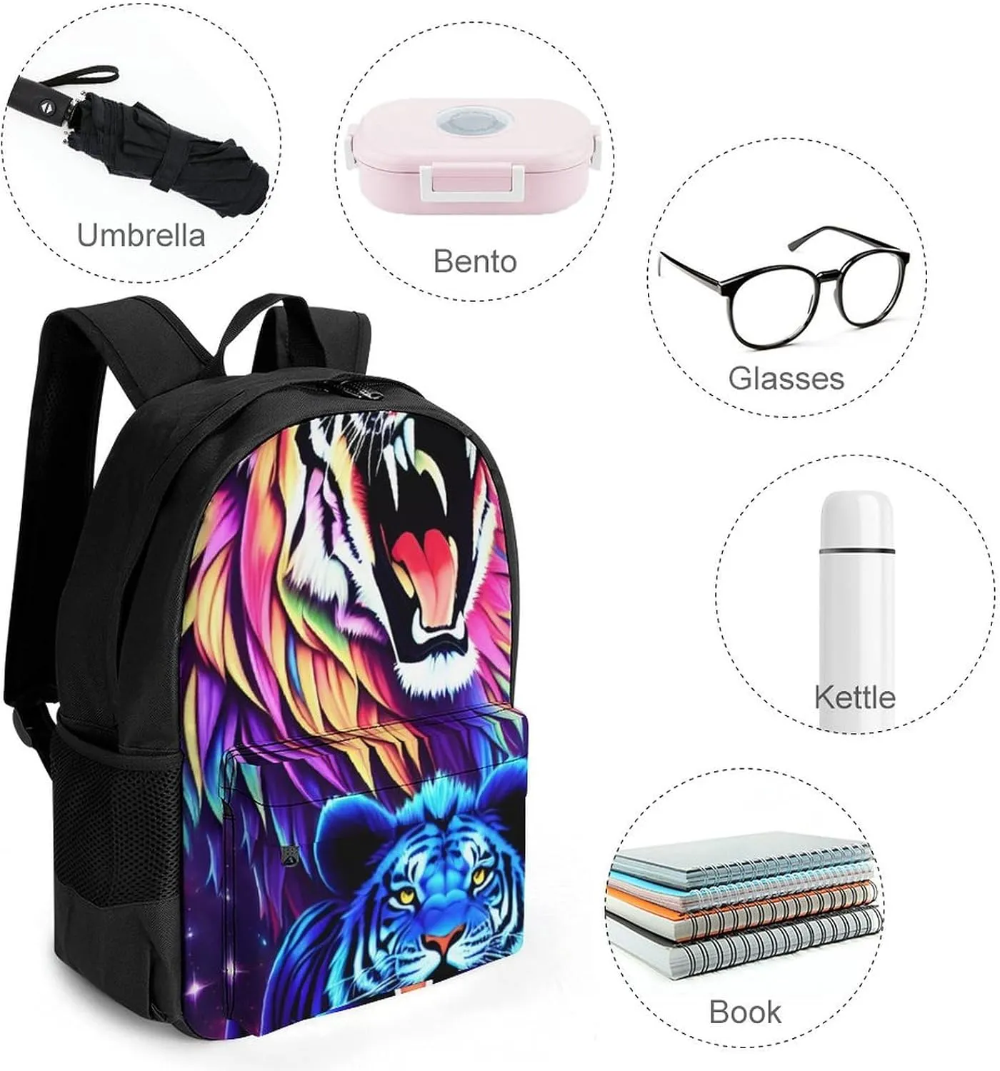 Men & Women Polyester Cool Lion And Tiger Universe Surreal Style Art Backpack Large Capacity Bookbag With Smooth Zippers for Climbing Picnic Bicycle