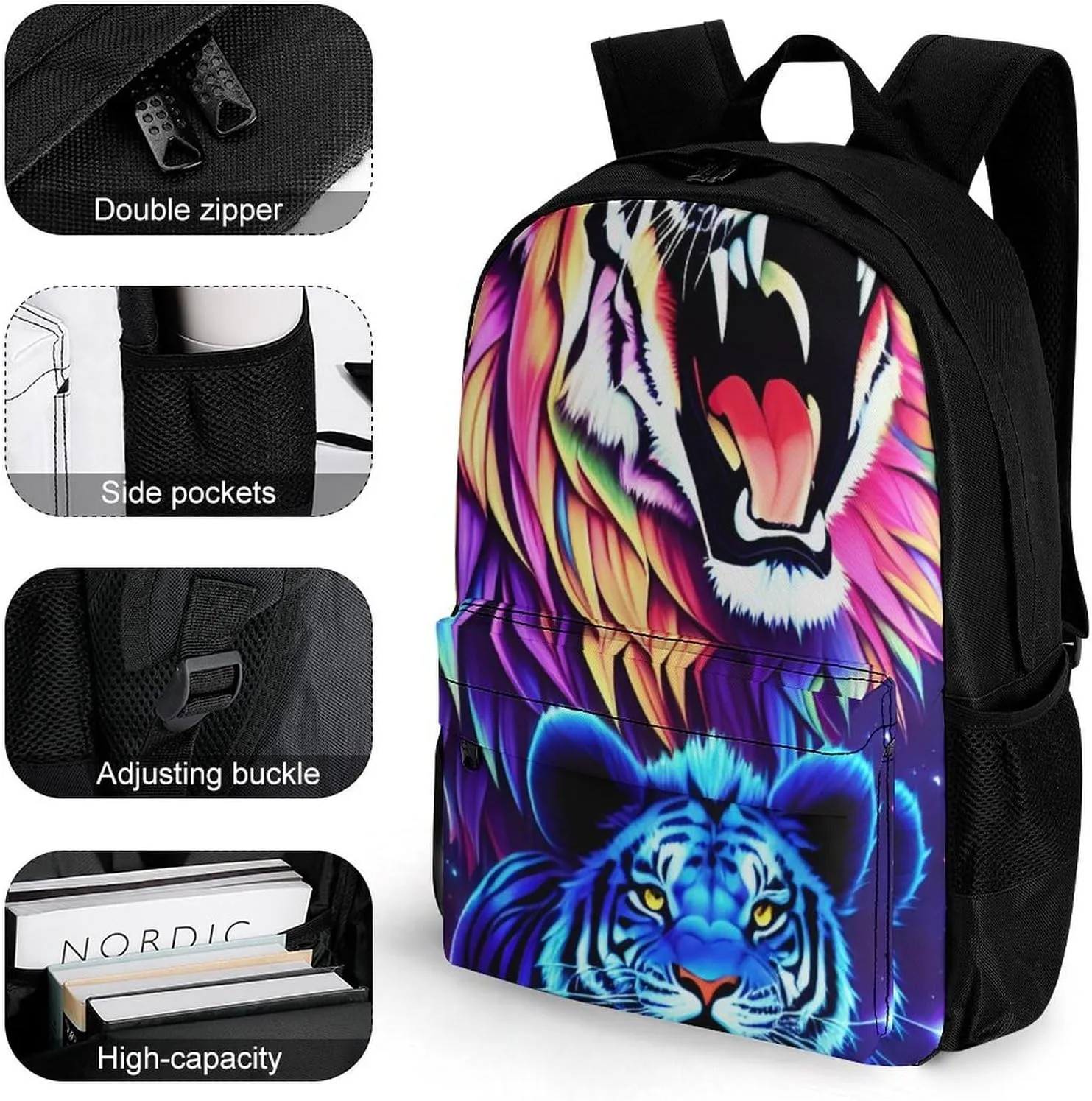 Men & Women Polyester Cool Lion And Tiger Universe Surreal Style Art Backpack Large Capacity Bookbag With Smooth Zippers for Climbing Picnic Bicycle