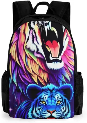 Men & Women Polyester Cool Lion And Tiger Universe Surreal Style Art Backpack Large Capacity Bookbag With Smooth Zippers for Climbing Picnic Bicycle