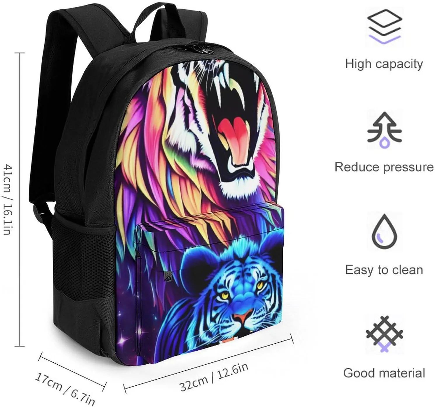 Men & Women Polyester Cool Lion And Tiger Universe Surreal Style Art Backpack Large Capacity Bookbag With Smooth Zippers for Climbing Picnic Bicycle