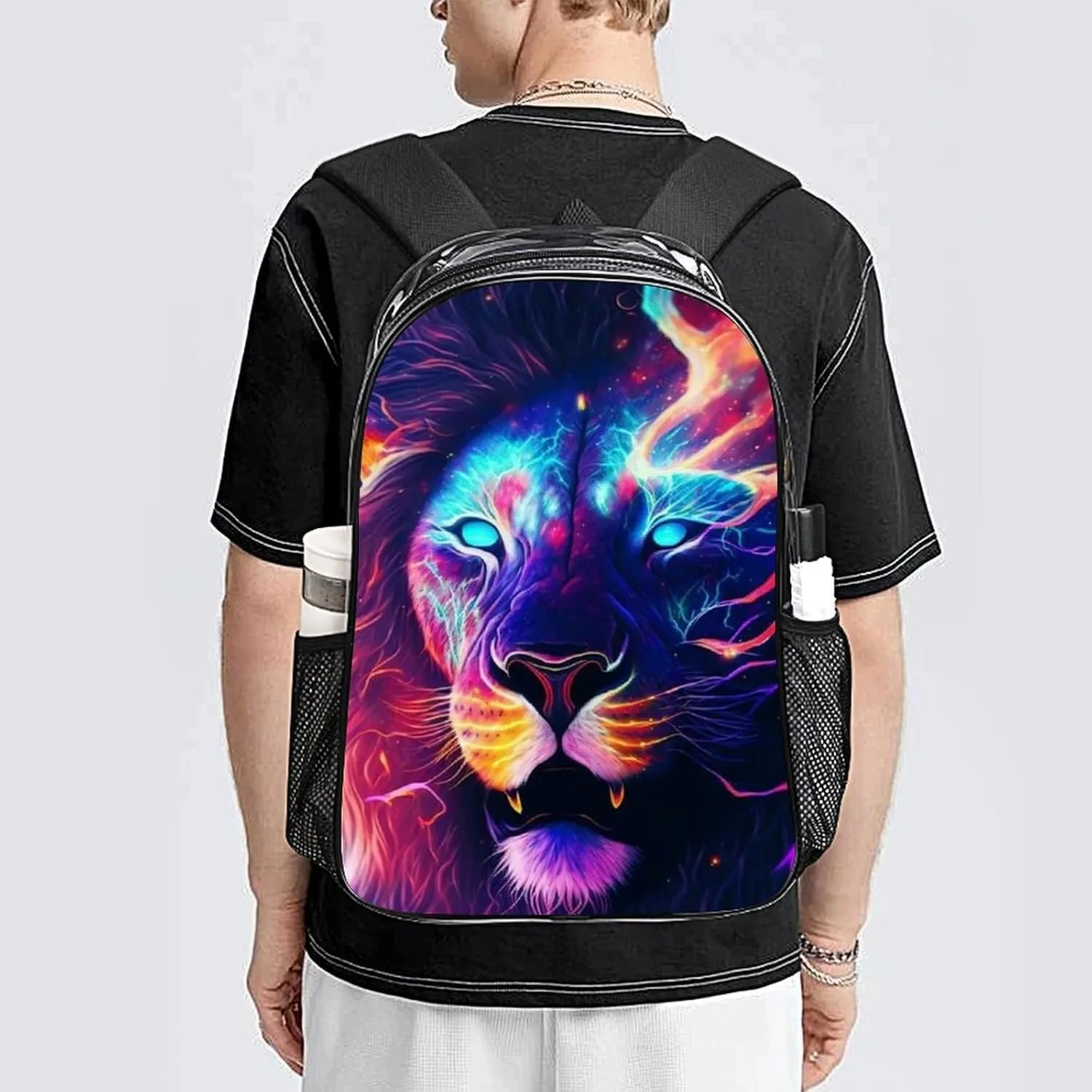 Men & Women Transparent Cool Lion In The Universe Surreal Style Art Backpack Large Capacity Bookbag With Smooth Zippers for Climbing Picnic Bicycle