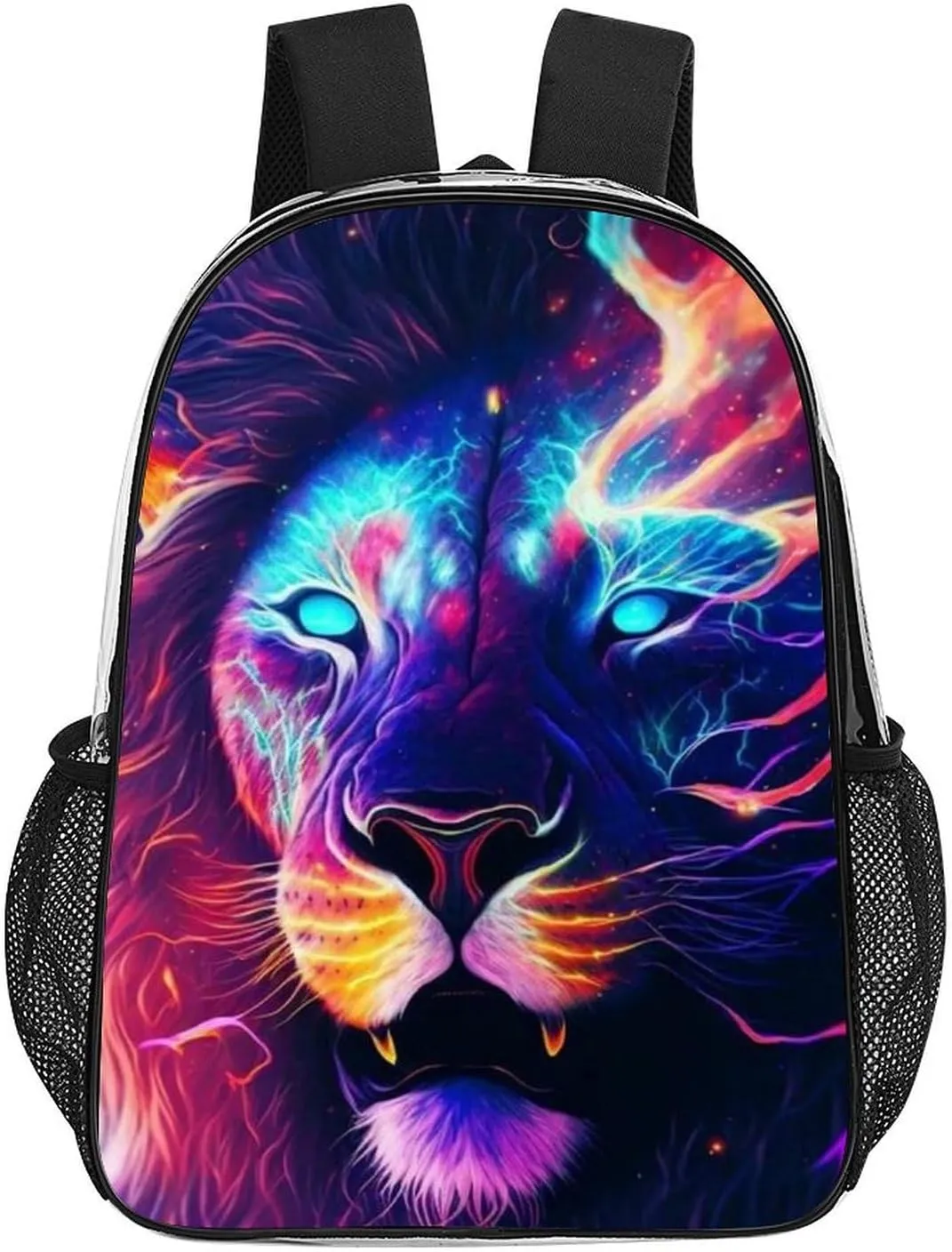 Men & Women Transparent Cool Lion In The Universe Surreal Style Art Backpack Large Capacity Bookbag With Smooth Zippers for Climbing Picnic Bicycle