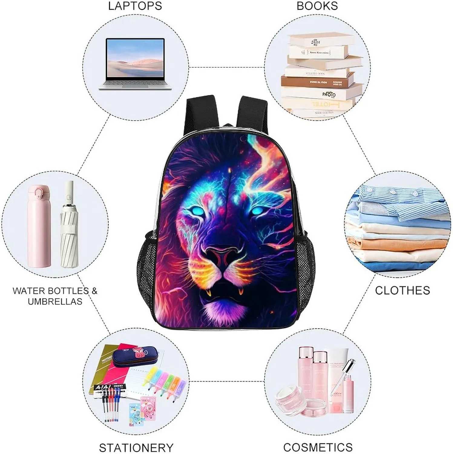 Men & Women Transparent Cool Lion In The Universe Surreal Style Art Backpack Large Capacity Bookbag With Smooth Zippers for Climbing Picnic Bicycle