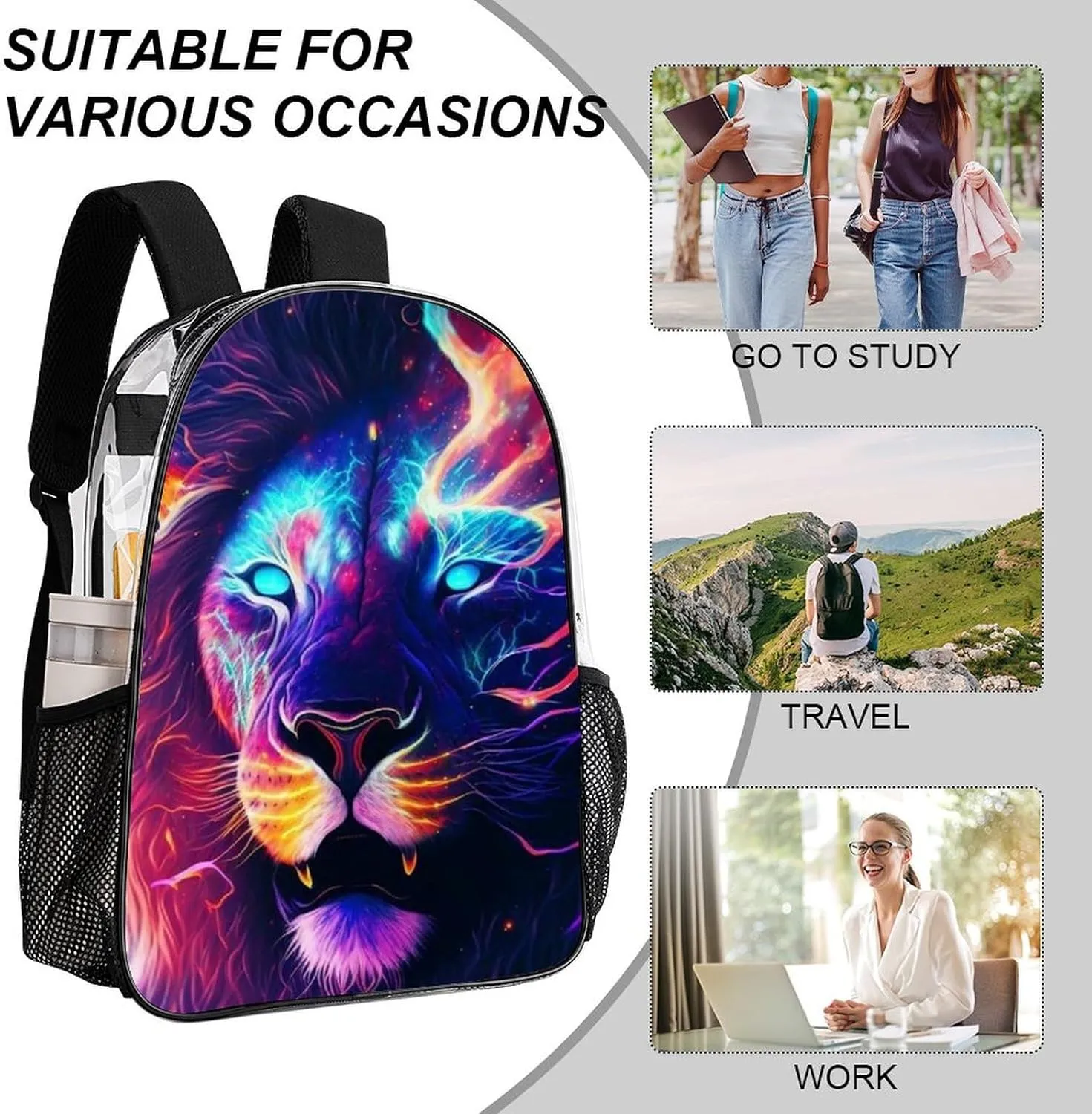 Men & Women Transparent Cool Lion In The Universe Surreal Style Art Backpack Large Capacity Bookbag With Smooth Zippers for Climbing Picnic Bicycle